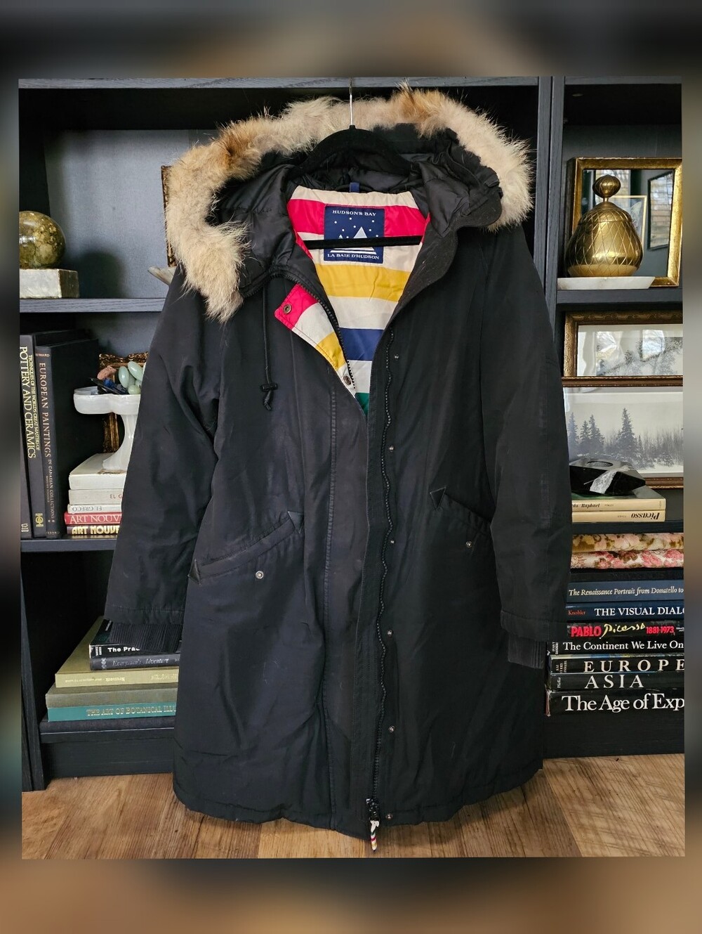 Hudson's Bay Black Iconic Stripe Lining Down Fill Parka Fur Hood